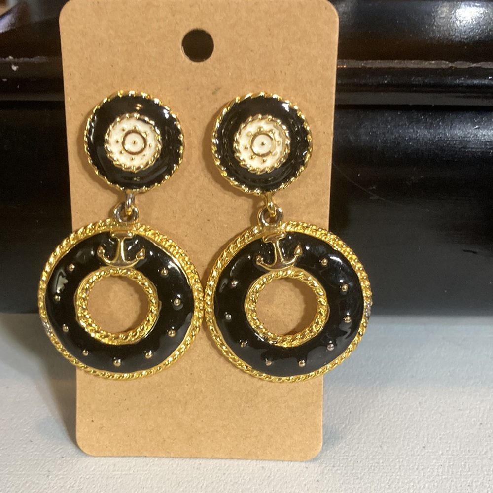 Joan Rivers black enamel with gold pierced drop earrings
